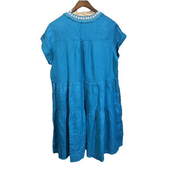 Chico's 100% Linen Embellished Cap Sleeve Dress Tiered Teal Green Midi Size 14 - Picture 2 of 12